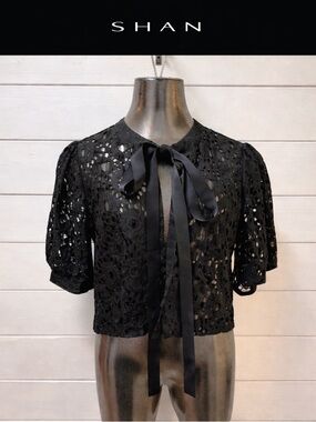 SHAN Black Lace Tie-Front Blouse | Size 8